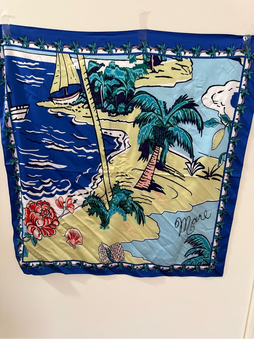 Tropical Island Print Silk Scarf in Blue and Teal